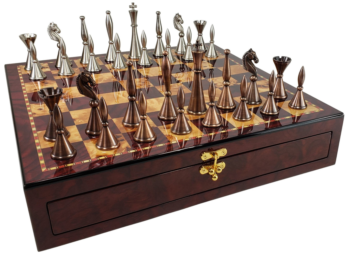 Brass Metal Modern Art Deco Staunton Chess Set W/ 17" Cherry Color Storage Board