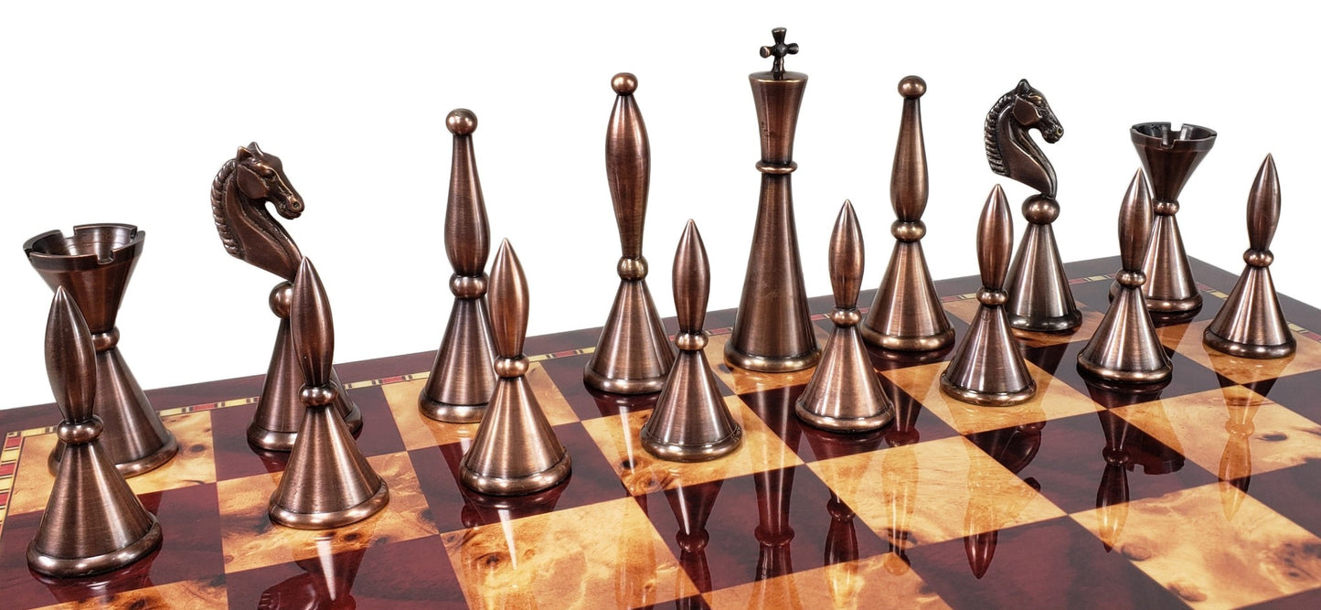 Brass Metal Modern Art Deco Staunton Chess Set W/ 17" Cherry Color Storage Board