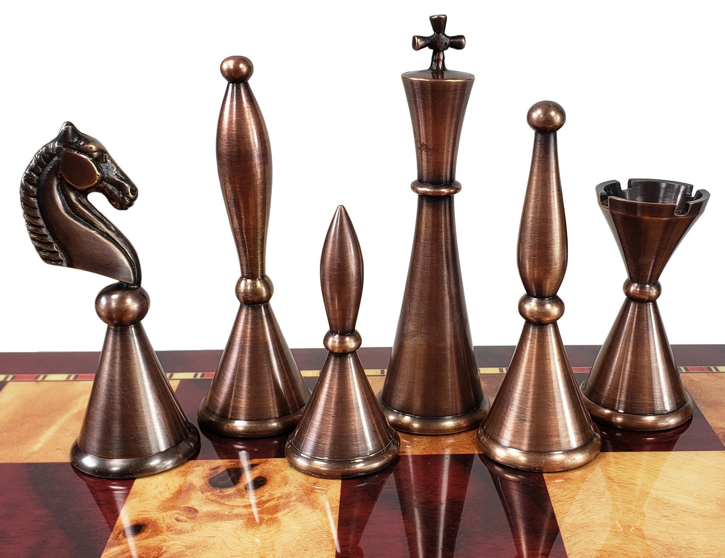 Brass Metal Modern Art Deco Staunton Chess Set W/ 17" Cherry Color Storage Board