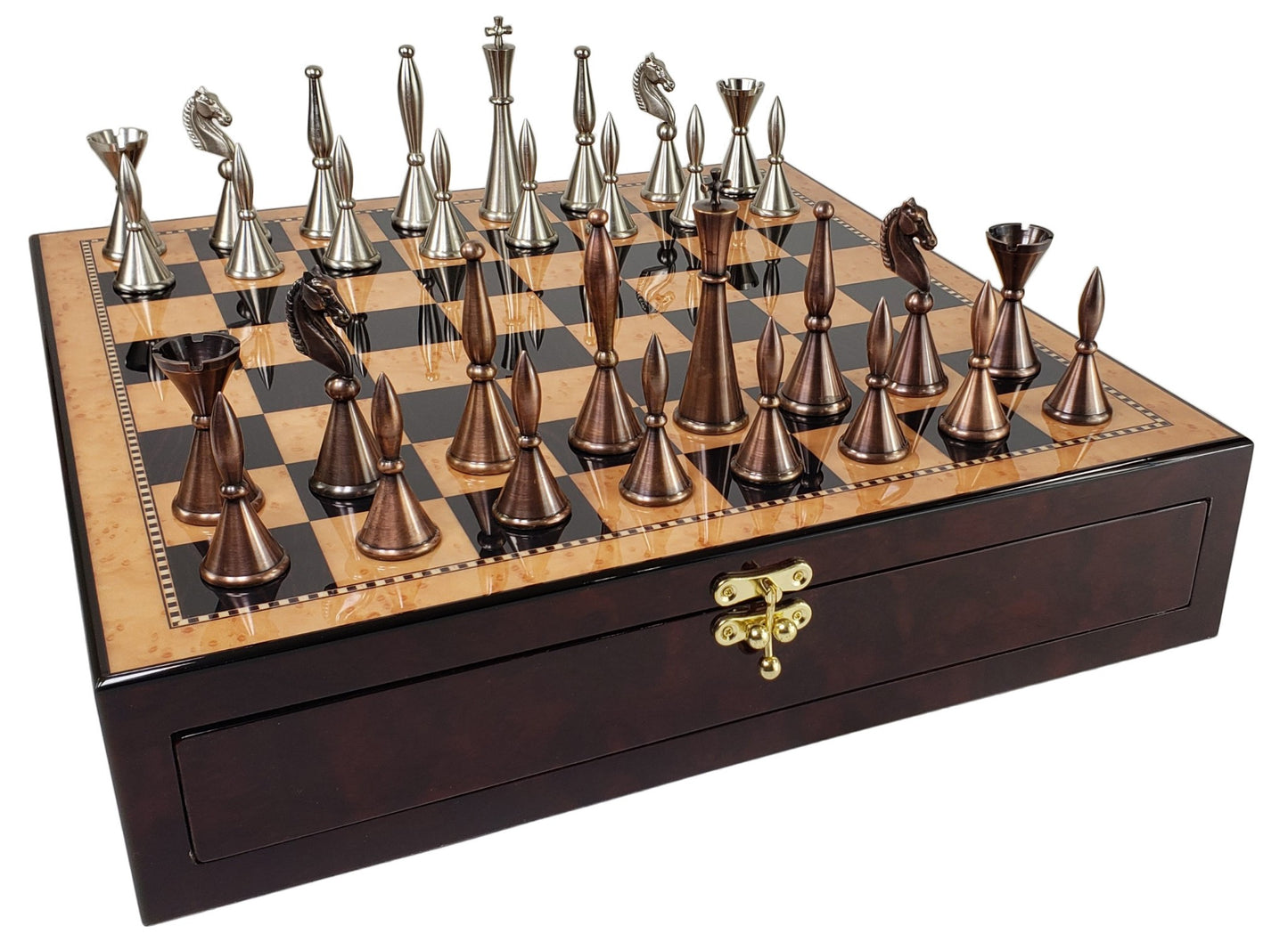 Brass Metal Modern Art Deco Staunton Chess Set W/ 17" Walnut Color Storage Board
