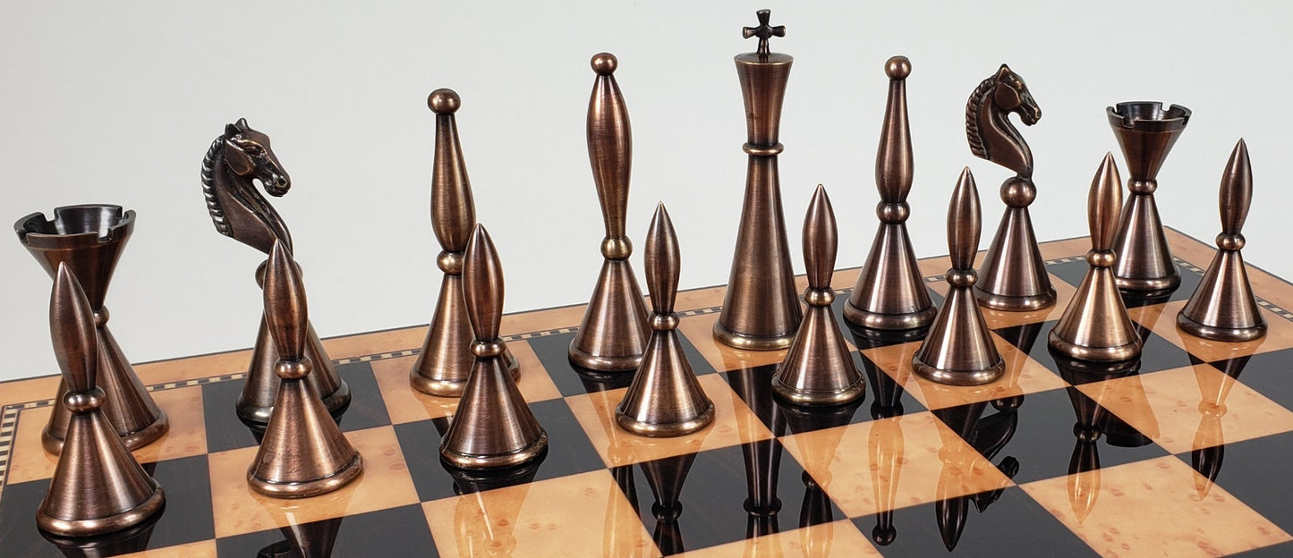 Brass Metal Modern Art Deco Staunton Chess Set W/ 17" Walnut Color Storage Board