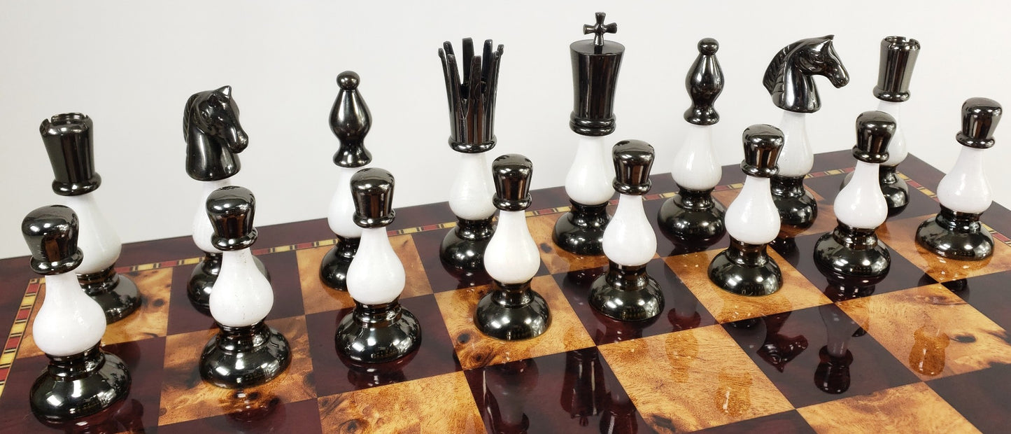 LARGE Brass Metal Gold Black Spike Staunton Chess Set Cherry Color Storage Board