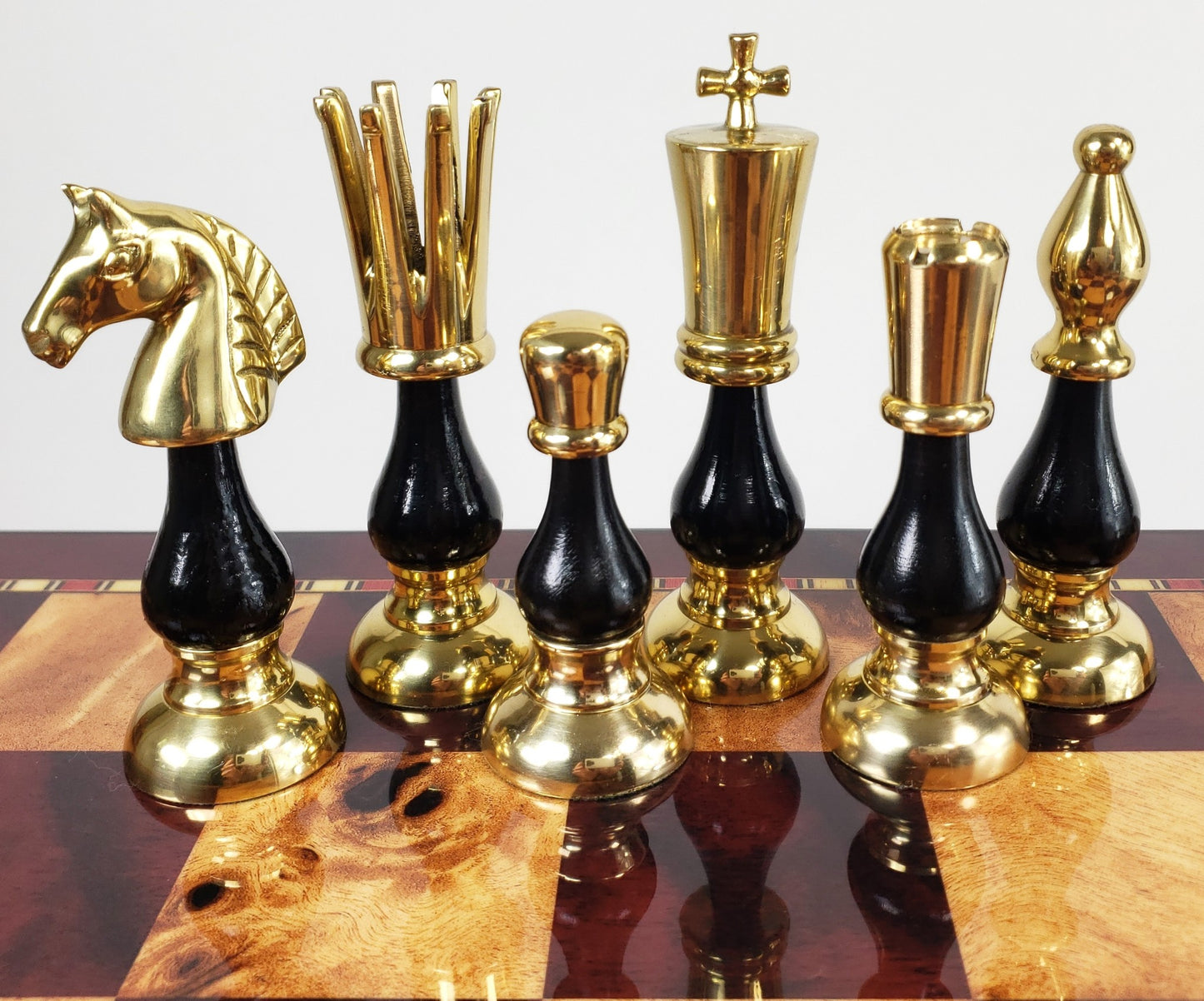 LARGE Brass Metal Gold Black Spike Staunton Chess Set Cherry Color Storage Board