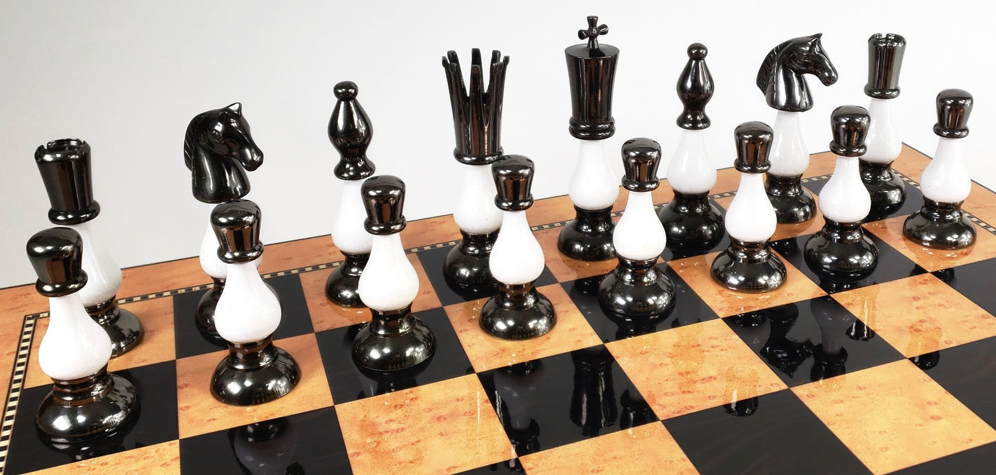 LARGE Brass Metal Gold Black Spike Staunton Chess Set Walnut Color Storage Board