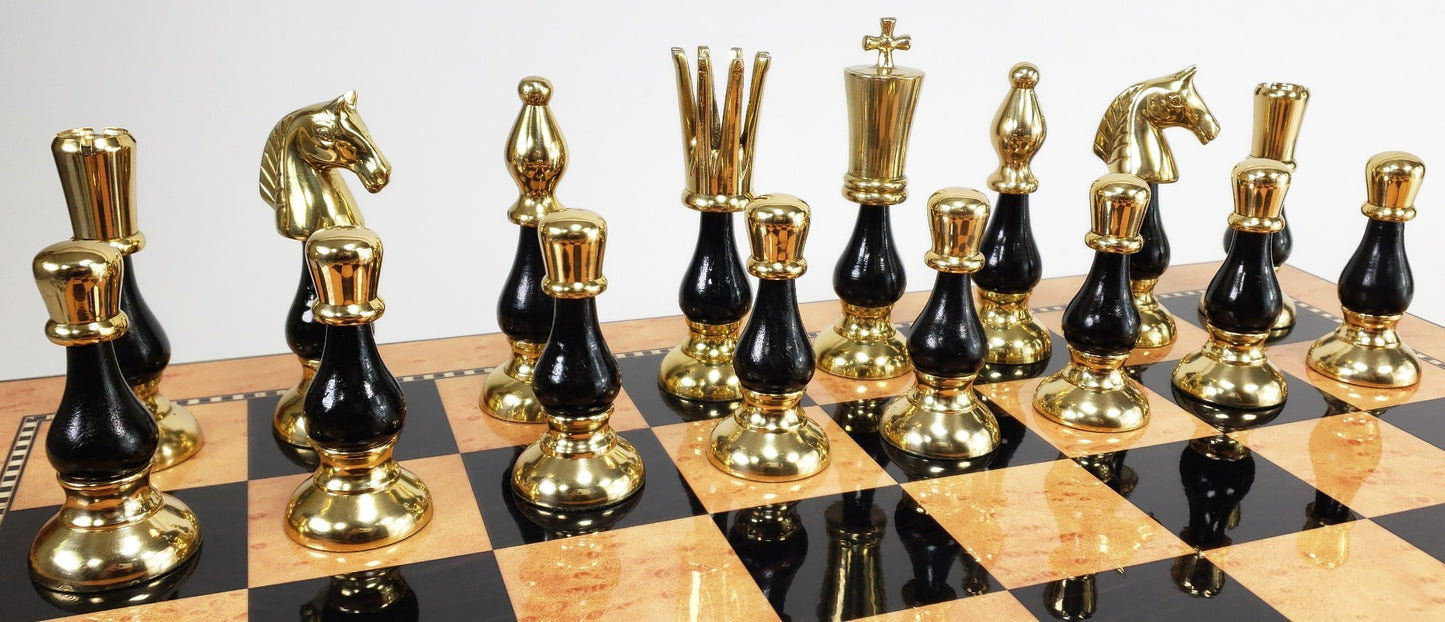 LARGE Brass Metal Gold Black Spike Staunton Chess Set Walnut Color Storage Board