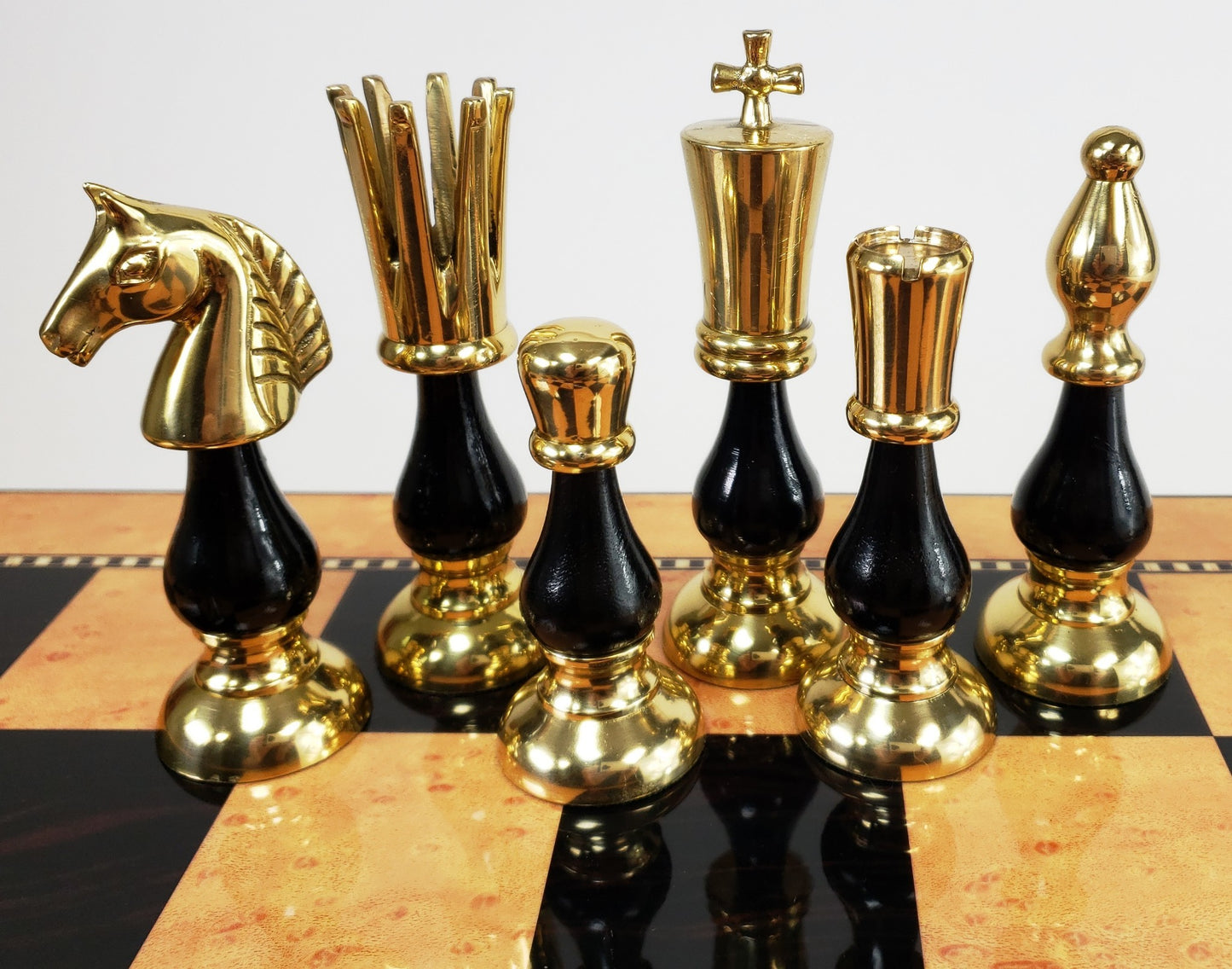 LARGE Brass Metal Gold Black Spike Staunton Chess Set Walnut Color Storage Board