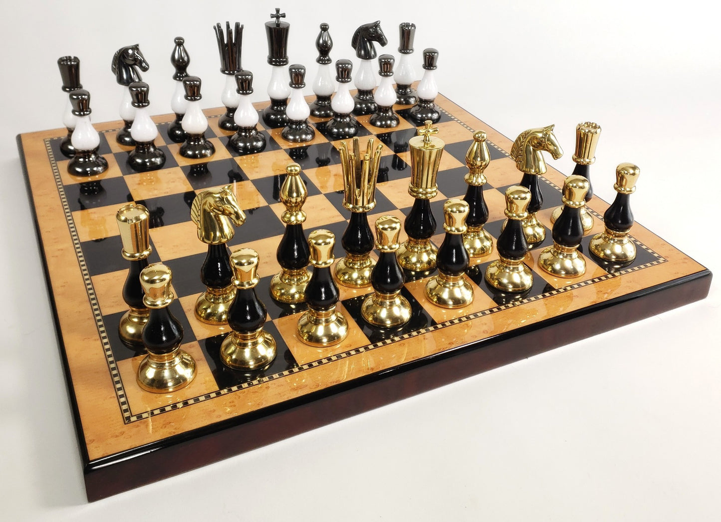 LARGE Brass Metal Gold Black Spike Staunton Chess Set 18" Walnut Color Board