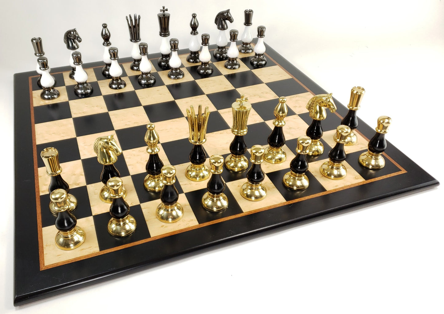 LARGE BRASS METAL Gold Black Chrome Spiked 2 Tone Staunton Chess Set 21.5" Board