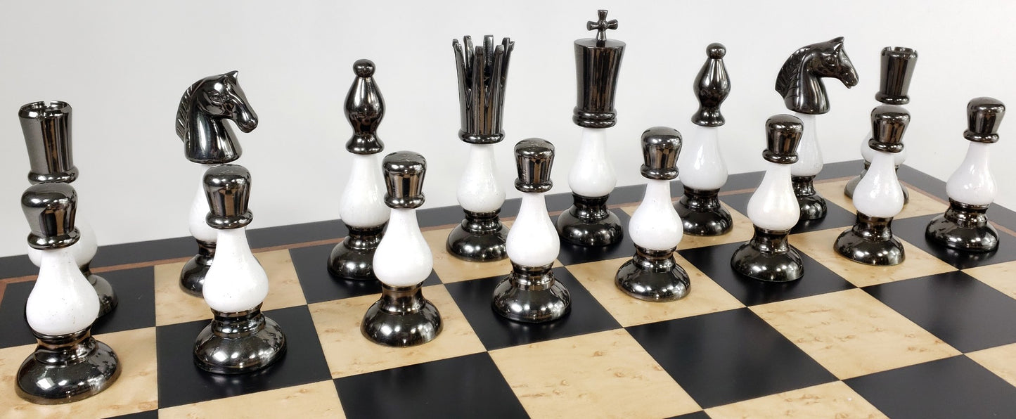 LARGE BRASS METAL Gold Black Chrome Spiked 2 Tone Staunton Chess Set 21.5" Board
