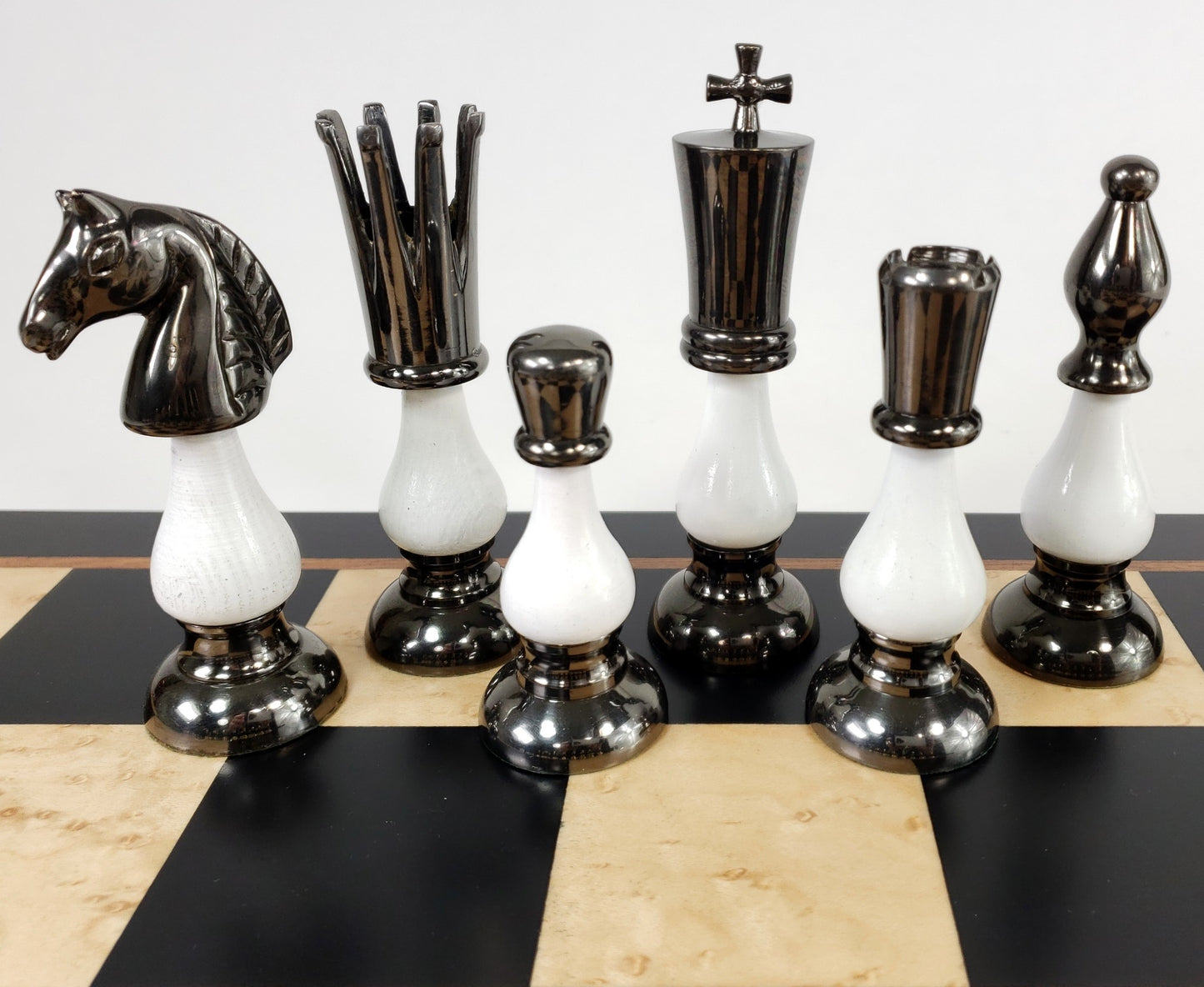 LARGE BRASS METAL Gold Black Chrome Spiked 2 Tone Staunton Chess Set 21.5" Board