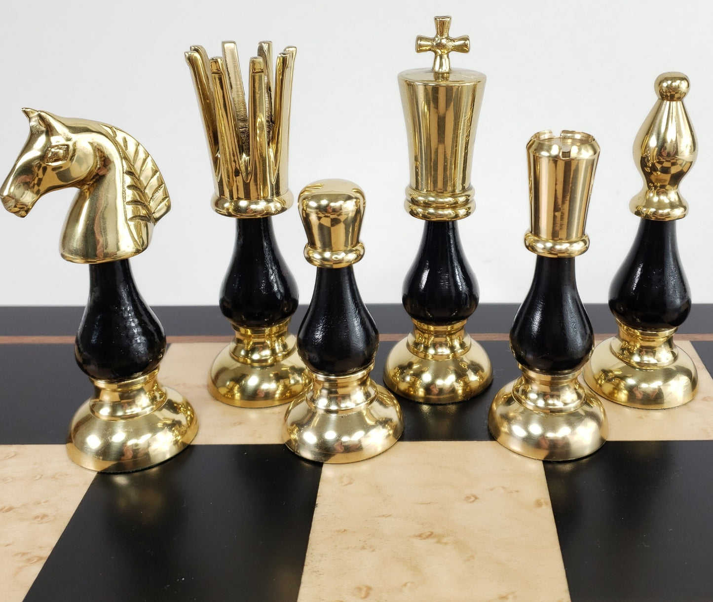LARGE BRASS METAL Gold Black Chrome Spiked 2 Tone Staunton Chess Set 21.5" Board