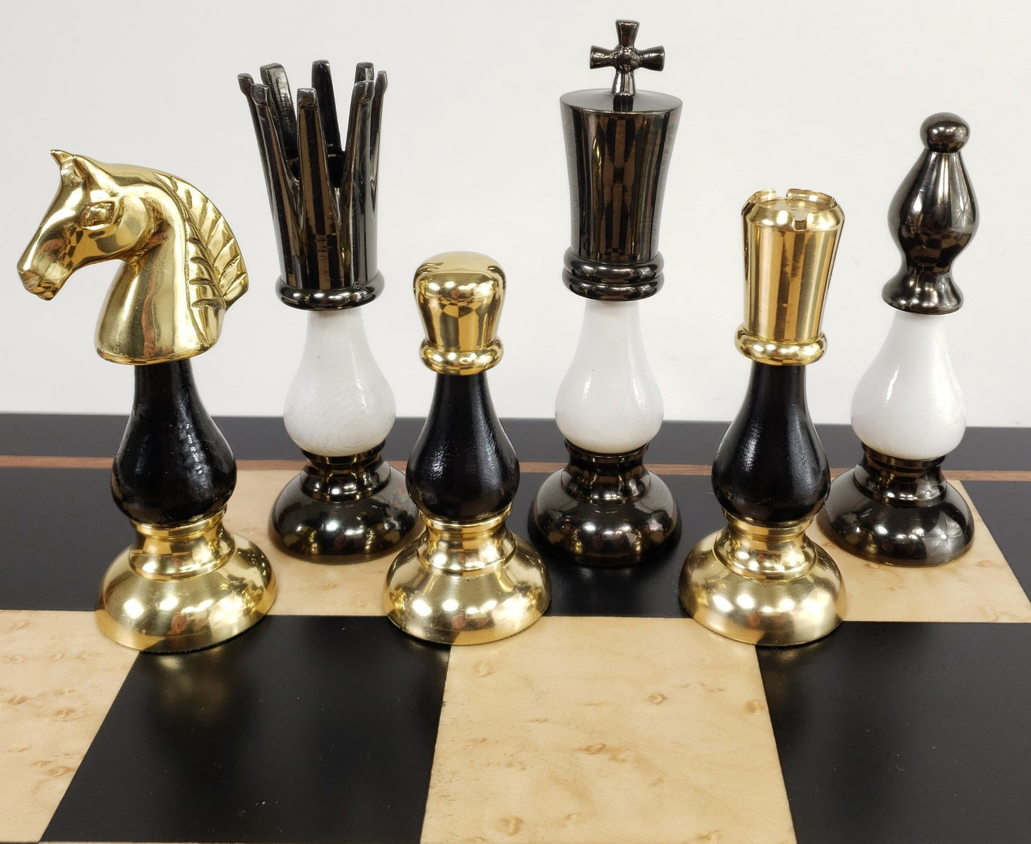 LARGE BRASS METAL Gold Black Chrome Spiked 2 Tone Staunton Chess Set 21.5" Board