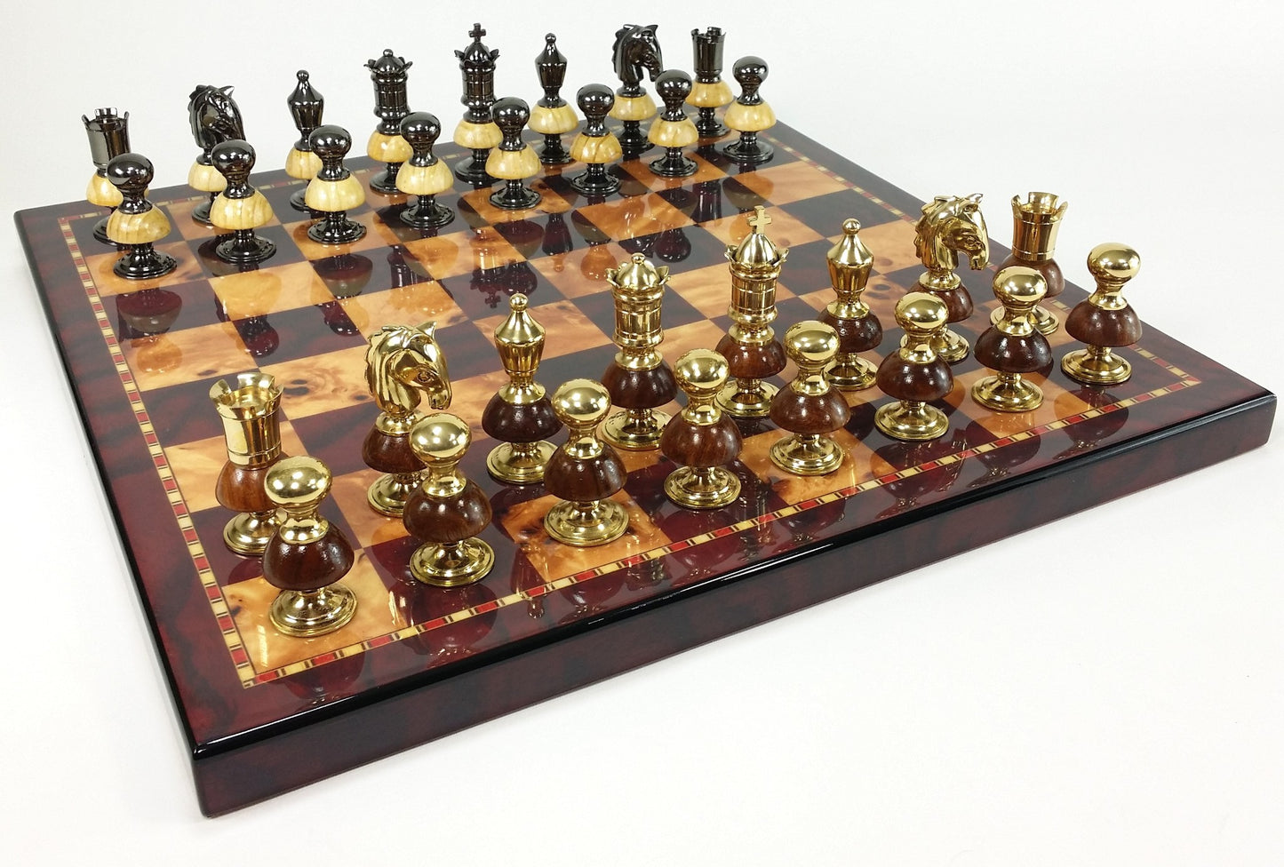 BRASS METAL Gold Black Chrome Royal Staunton Chess Set W 18" Cherry Color Board
