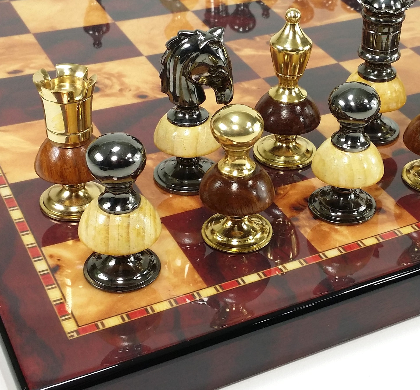 BRASS METAL Gold Black Chrome Royal Staunton Chess Set W 18" Cherry Color Board
