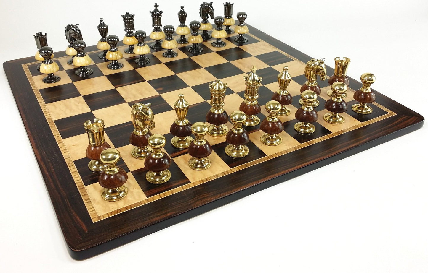 BRASS METAL Gold Black Chrome Royal Staunton Chess Set W Large 20" Ebony Board
