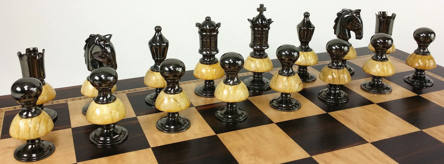 BRASS METAL Gold Black Chrome Royal Staunton Chess Set W Large 20" Ebony Board