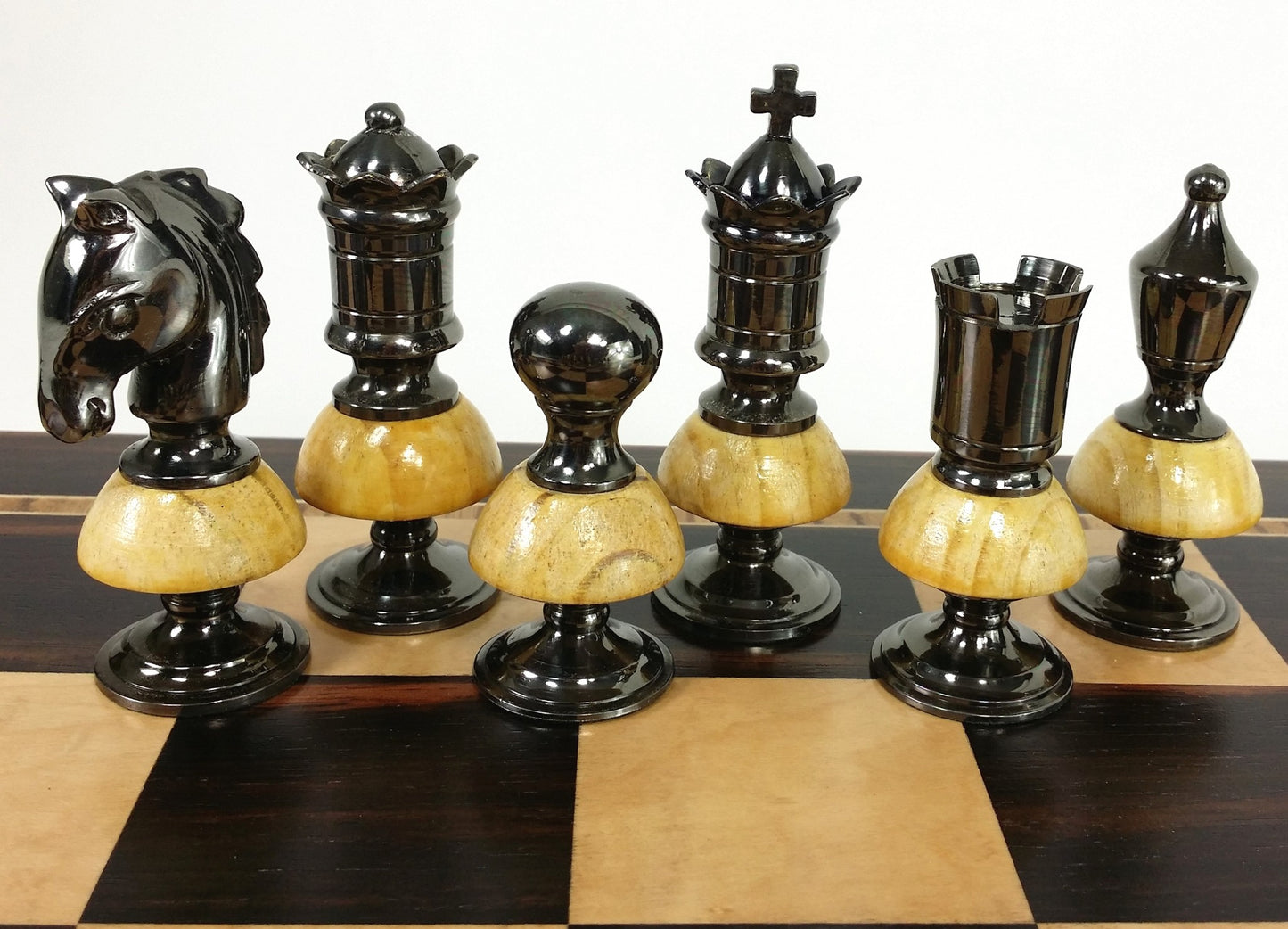 BRASS METAL Gold Black Chrome Royal Staunton Chess Set W Large 20" Ebony Board