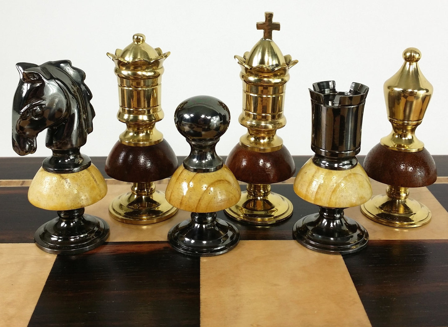 BRASS METAL Gold Black Chrome Royal Staunton Chess Set W Large 20" Ebony Board