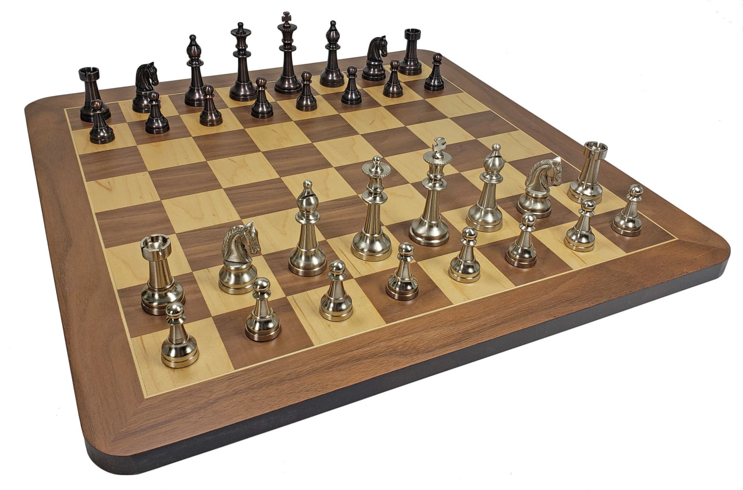 Brass Metal Bronze & Silver Classic Staunton Chess Set 19" Walnut Maple Board