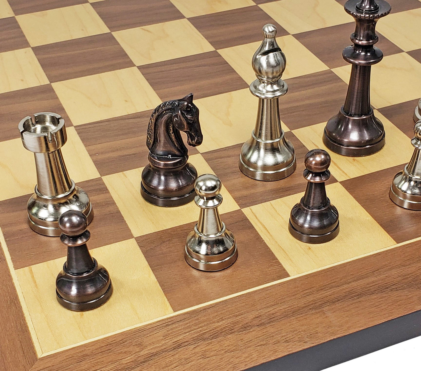 Brass Metal Bronze & Silver Classic Staunton Chess Set 19" Walnut Maple Board