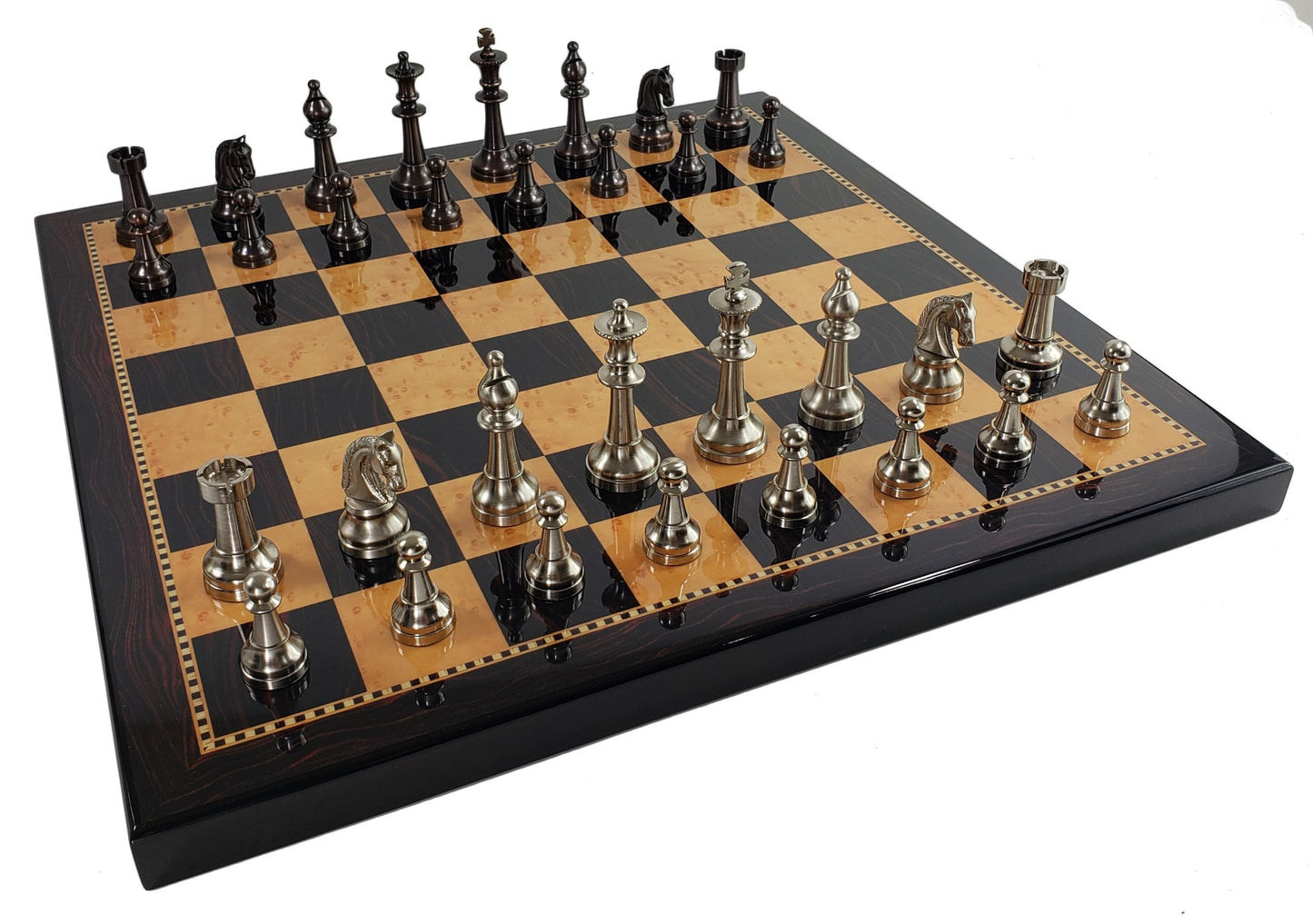 Brass Metal Bronze & Silver Classic Staunton Chess Set 18" Walnut Color Board