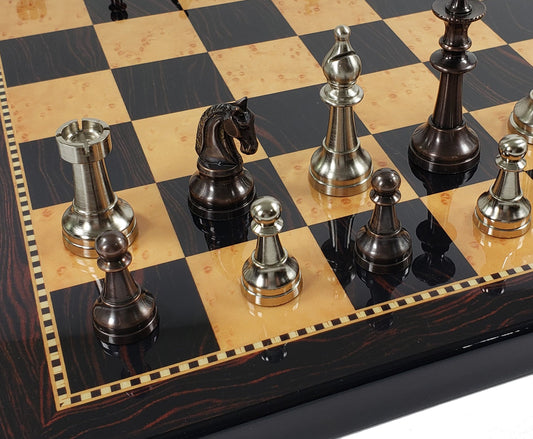 Brass Metal Bronze & Silver Classic Staunton Chess Set 18" Walnut Color Board