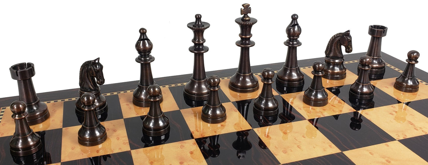 Brass Metal Bronze & Silver Classic Staunton Chess Set Walnut Color Storage Boar