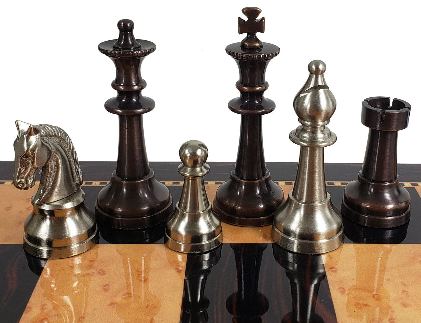 Brass Metal Bronze & Silver Classic Staunton Chess Set Walnut Color Storage Boar