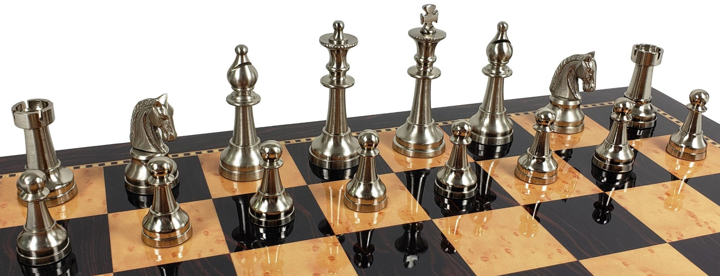 Brass Metal Bronze & Silver Classic Staunton Chess Set Walnut Color Storage Boar