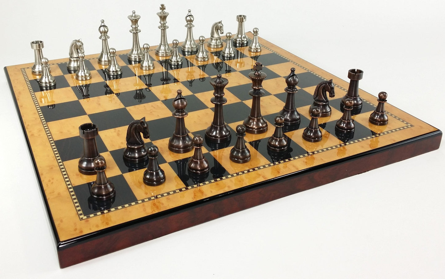 Brass Metal Bronze & Silver Classic Staunton Chess Set W/ 18" Walnut Color Board