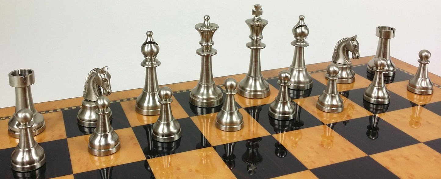 Brass Metal Bronze & Silver Classic Staunton Chess Set W/ 18" Walnut Color Board