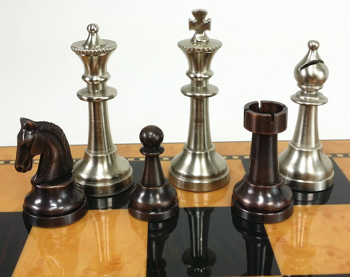 Brass Metal Bronze & Silver Classic Staunton Chess Set W/ 18" Walnut Color Board