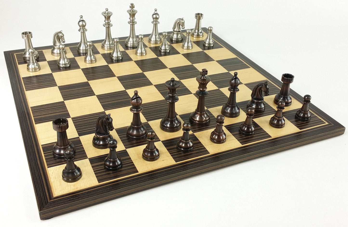 Brass Metal Antique Bronze & Silver Classic Staunton Chess Set W 17" Ebony Board