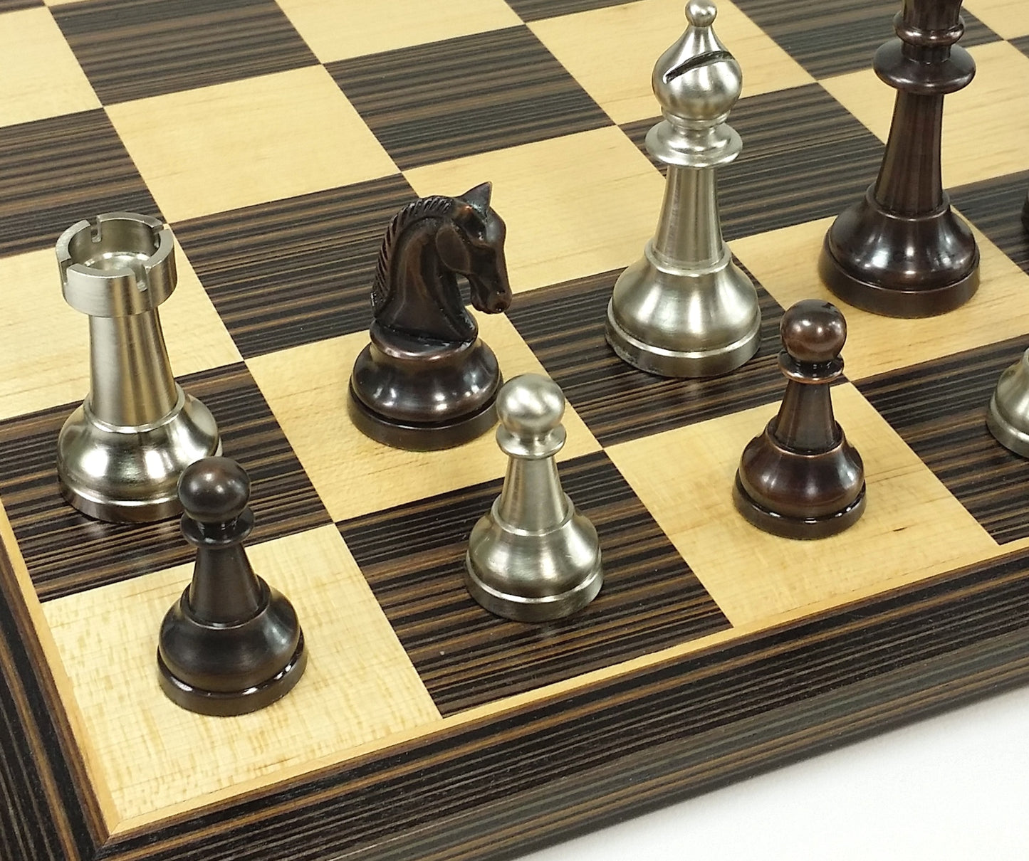 Brass Metal Antique Bronze & Silver Classic Staunton Chess Set W 17" Ebony Board