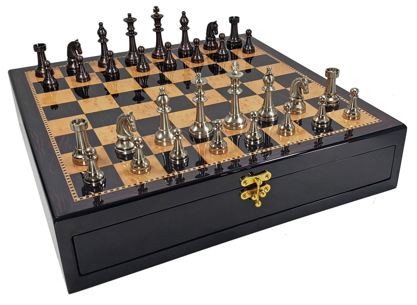Brass Metal Bronze & Silver Classic Staunton Chess Set Walnut Color Storage Boar