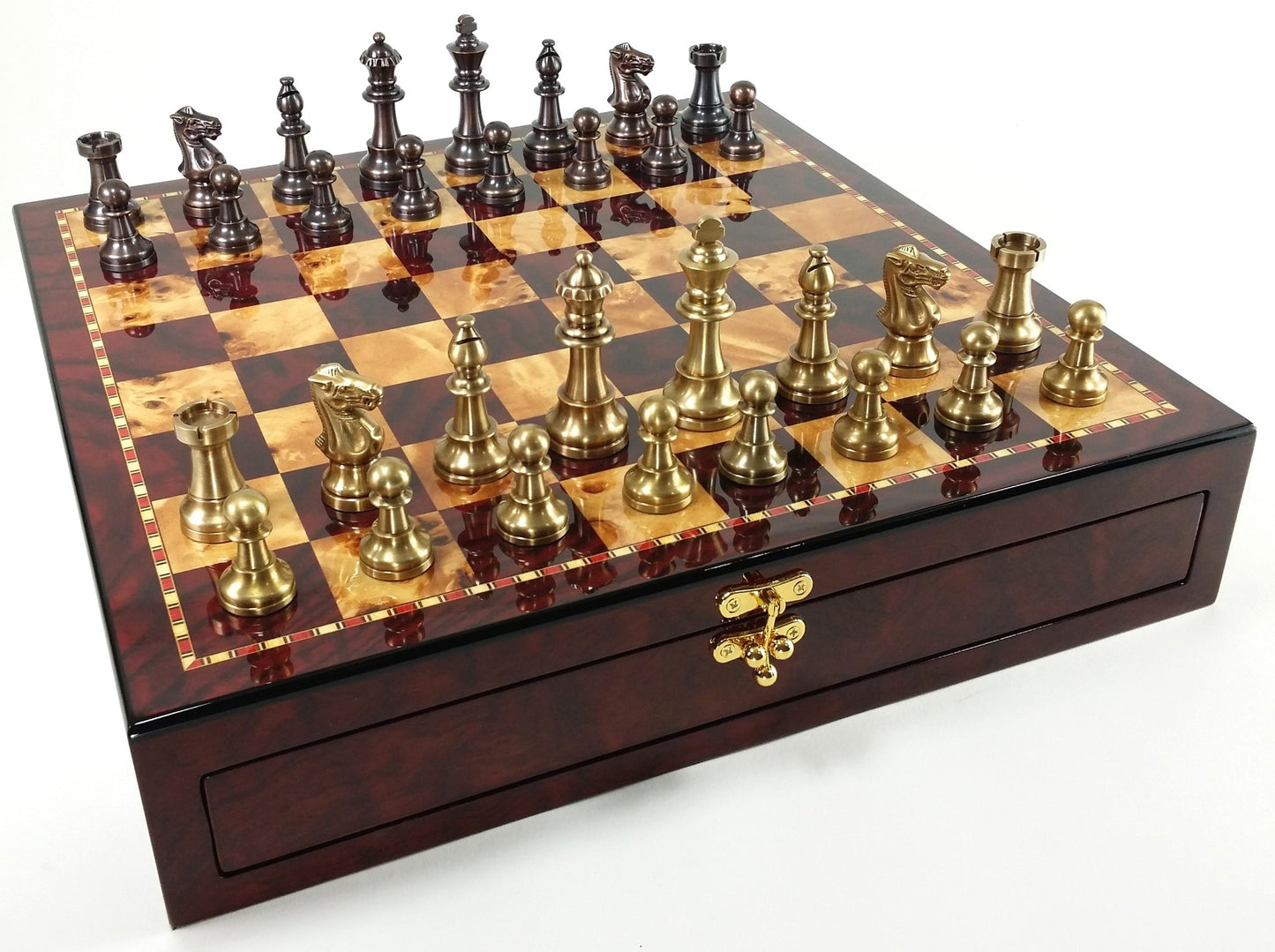 Brass Metal Antique Bronze Color Staunton Chess Set W Cherry Color Storage Board