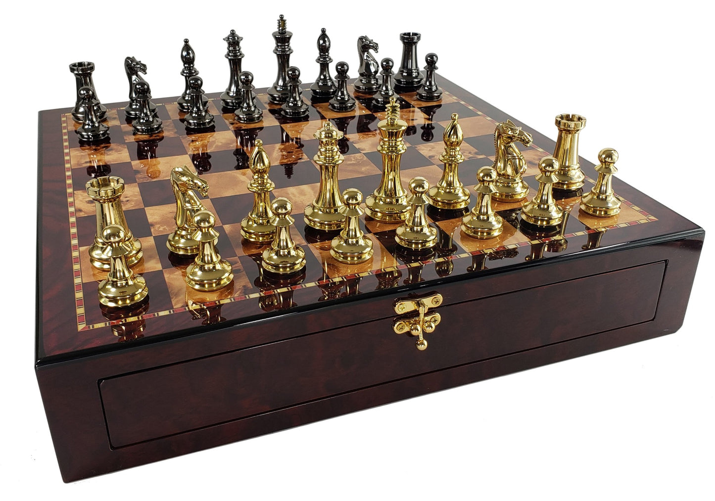 Brass Black Gold Staunton Exclusive Chess Set Lrg 20" Cherry Color Storage Board