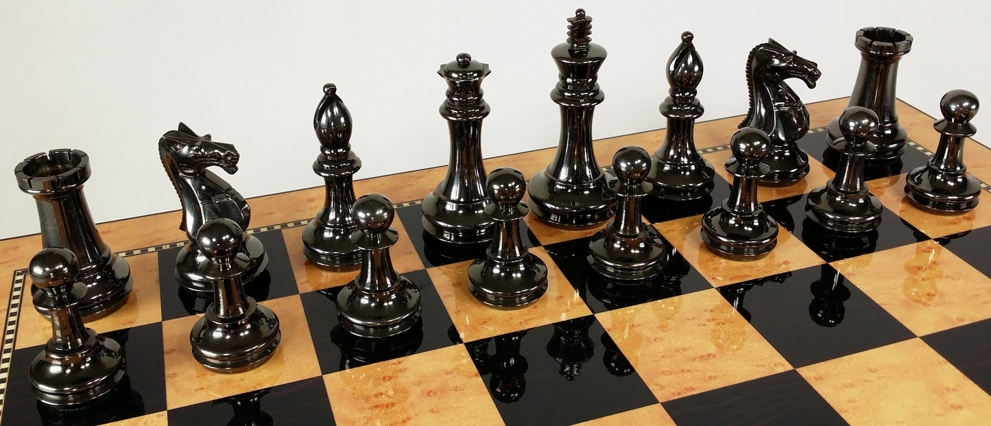 BRASS Black Gold Staunton Exclusive Chess Set Lrg 20" Walnut Color Storage Board