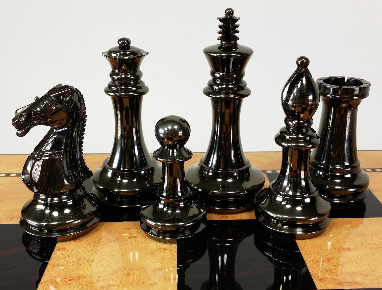 BRASS Black Gold Staunton Exclusive Chess Set Lrg 20" Walnut Color Storage Board