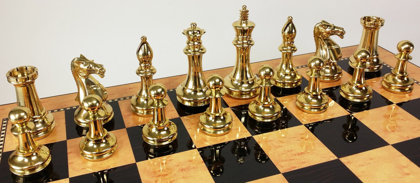 BRASS Black Gold Staunton Exclusive Chess Set Lrg 20" Walnut Color Storage Board