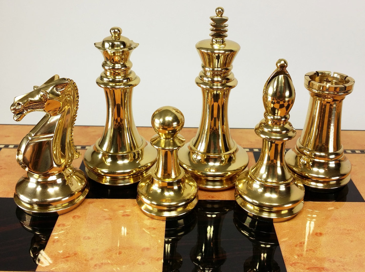 BRASS Black Gold Staunton Exclusive Chess Set Lrg 20" Walnut Color Storage Board