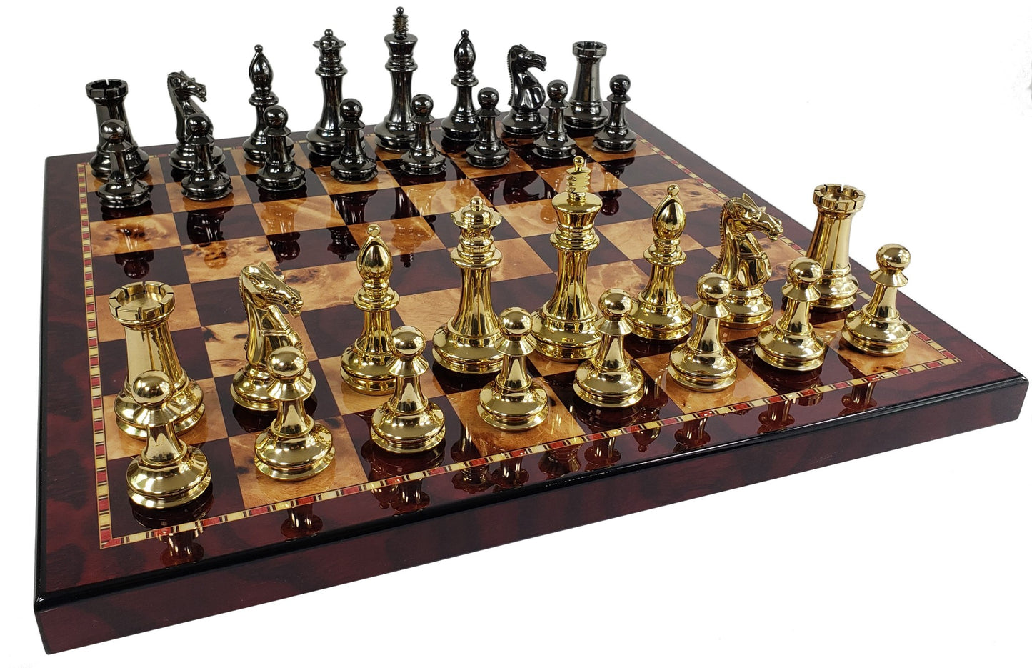 Real Brass Metal Black Gold Staunton Exclusive Chess Set 18" Cherry Color Board