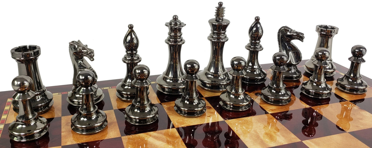 Real Brass Metal Black Gold Staunton Exclusive Chess Set 18" Cherry Color Board