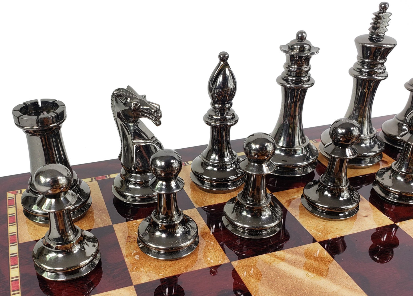 Real Brass Metal Black Gold Staunton Exclusive Chess Set 18" Cherry Color Board