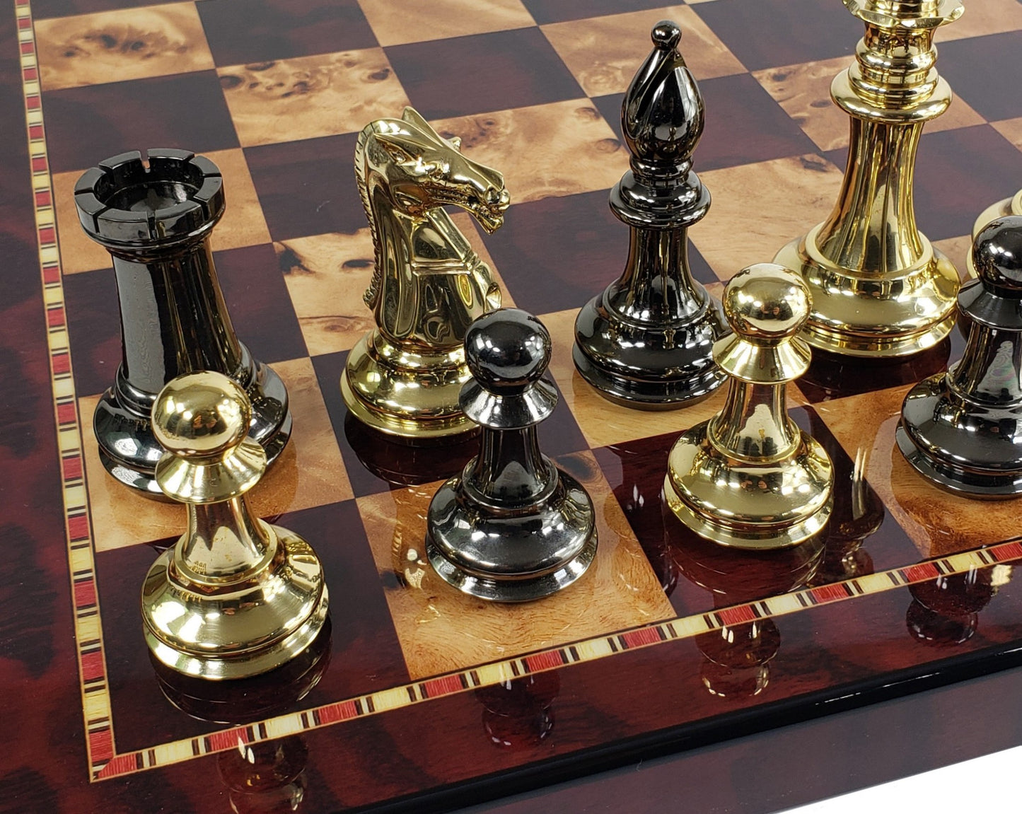 Real Brass Metal Black Gold Staunton Exclusive Chess Set 18" Cherry Color Board