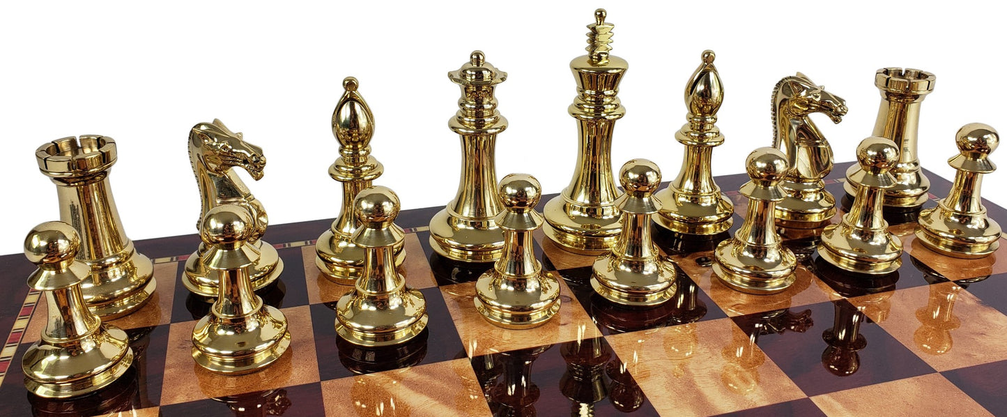 Real Brass Metal Black Gold Staunton Exclusive Chess Set 18" Cherry Color Board