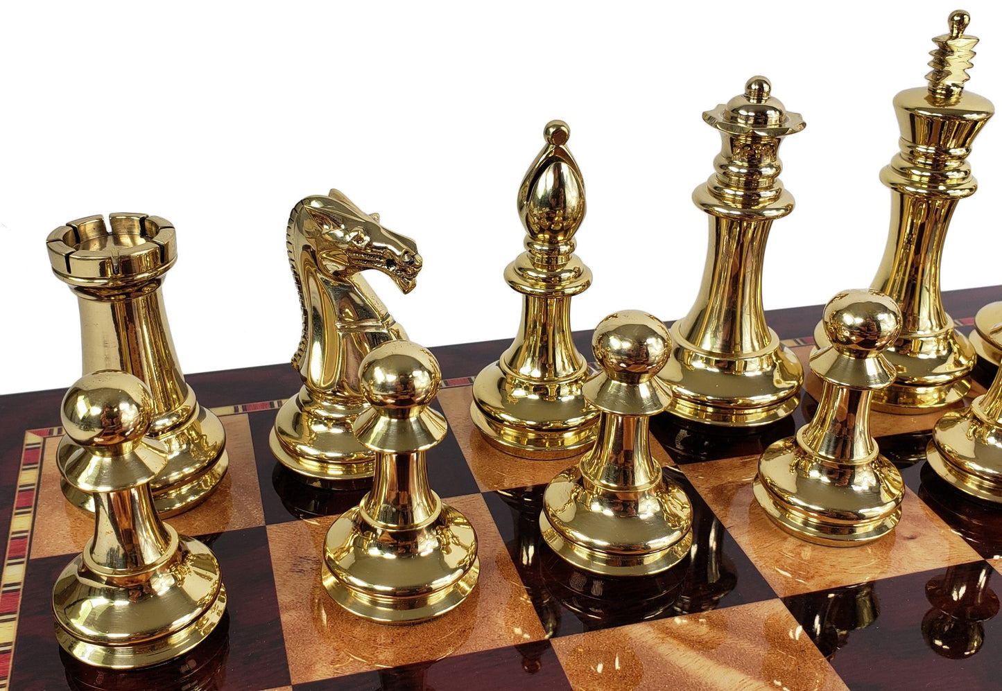 Brass Black Gold Staunton Exclusive Chess Set Lrg 20" Cherry Color Storage Board