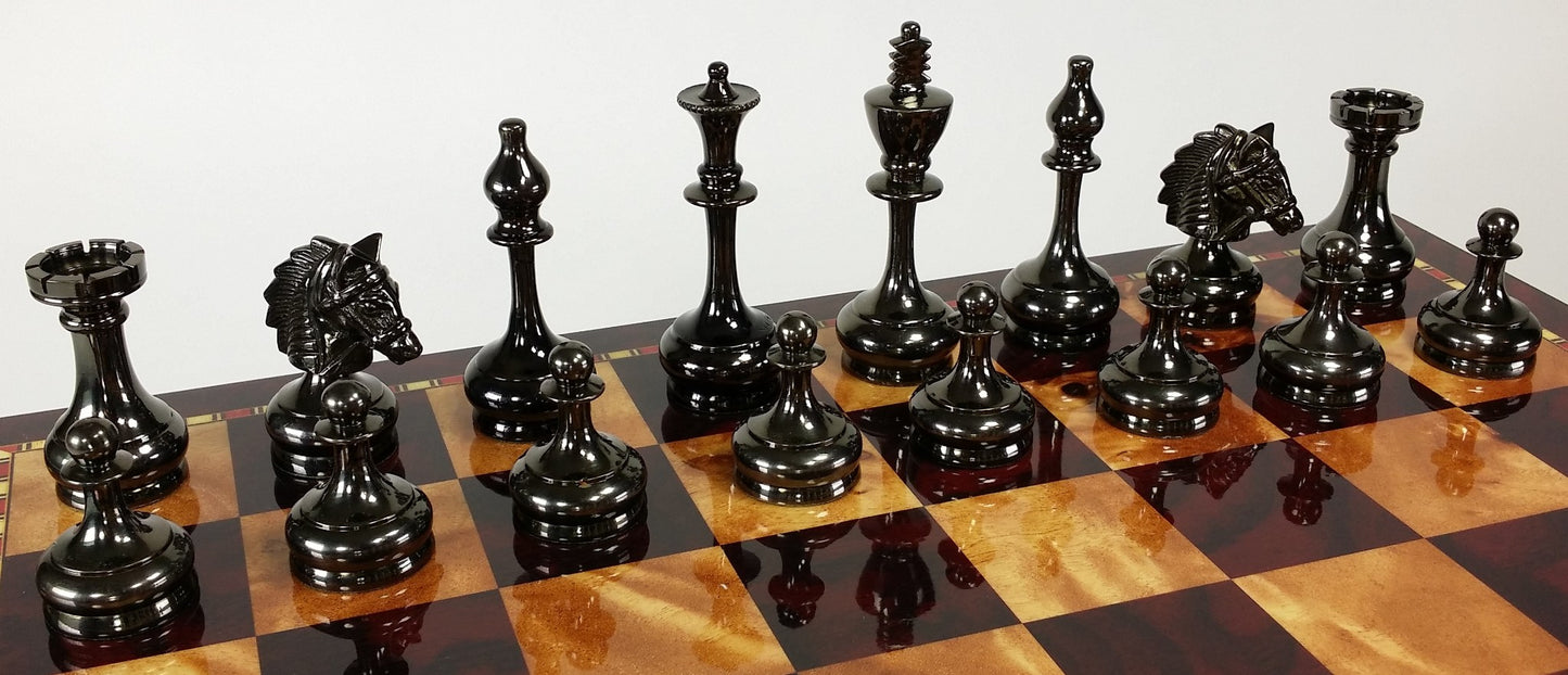 Real Brass Metal Black Gold Staunton Bridled Knight Chess Set Cherry Color Board