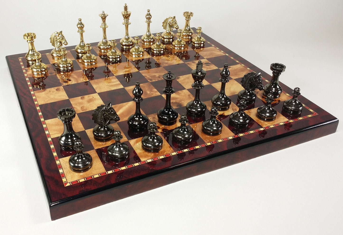 Real Brass Metal Black Gold Staunton Bridled Knight Chess Set Cherry Color Board