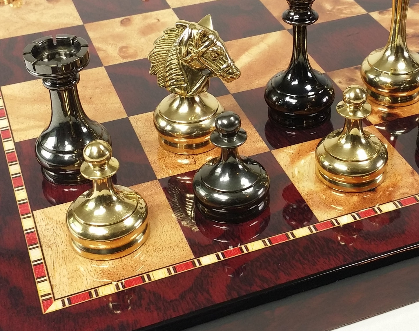 Real Brass Metal Black Gold Staunton Bridled Knight Chess Set Cherry Color Board